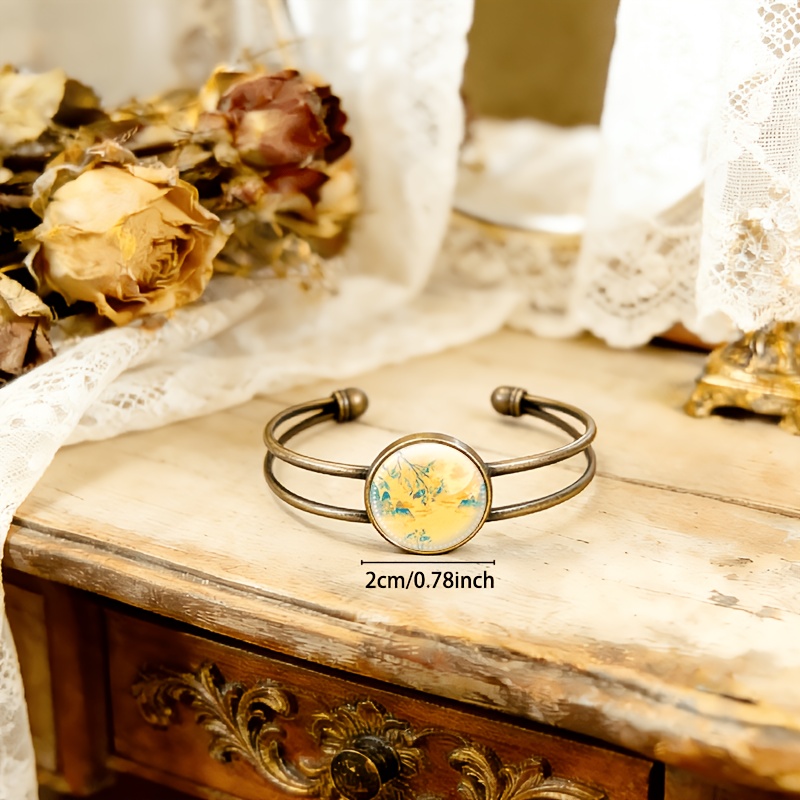 Antique Cyan Double-Layer Adjustable Opening Bracelet with Starry Landscape Design